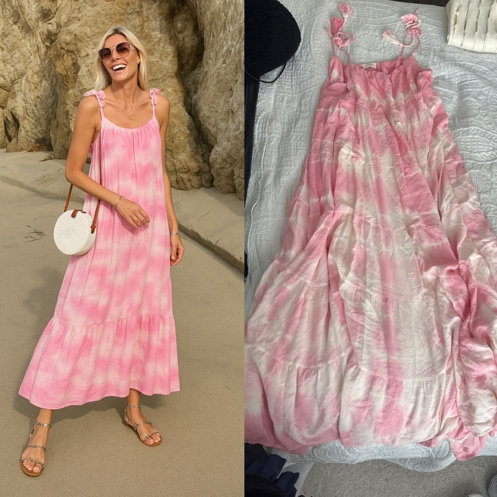 Storia Pink Tie-Dye Maxi Dress Adjustable Straps Sz S